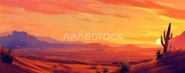 نمو النباتات والأعشاب الشوكية في الطبيعة الصحراوية، الرمال الذهبية الناعمة، صورة بانورامية لمنظر غروب الشمس في صحراء المملكة العربية السعودية, التلال والهضاب الرملية, المناظر الطبيعيه في البيئة الصحراوية, خلفيه الطبيعه