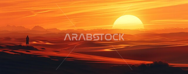 Enjoy watching the sunset in the desert of Saudi Arabia, panoramic photo of sand dunes and plateaus, man walking on soft golden sand, landscape in desert environment, nature background