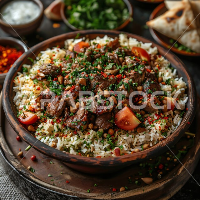 مأكولات وأطباق تقليدية، فنون تقديم الطعام في مطابخ المملكة العربية السعودية، وصفات الأكلات الشرقية، صورة مقربة لطبق من الأرز مع قطع اللحم الطازج المزين بالبقدونس والمكسرات، أصناف الطعام الصحية الشهية