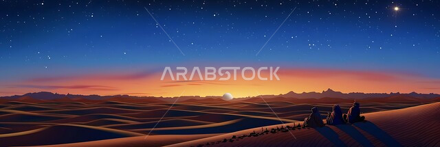 Group of people sitting on soft golden sand, enjoying sunset in Saudi Arabia desert, panoramic photo of sand hills and plateaus, desert landscape, nature background