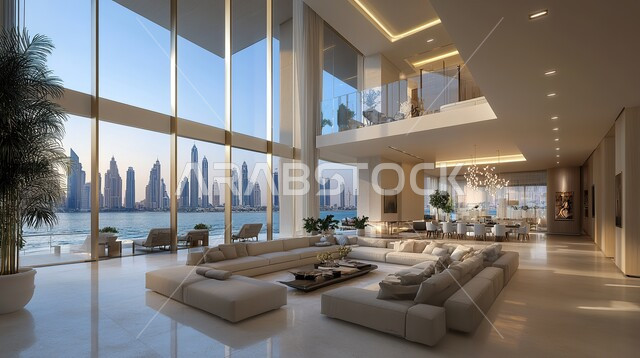 التصاميم الداخلية المزخرفة لغرف الجلوس على الطراز الحديث، أثاث منزلي  لغرفة معيشة، ديكور داخلي راقي متطور, الفلل والشقق السكنية في المملكة العربية السعودية, واجهات زجاجية ضخمة مطلة على الطبيعة