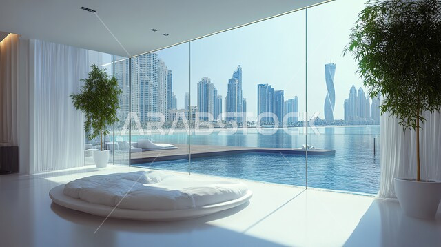 التصاميم الداخلية المزخرفة لغرف الجلوس على الطراز الحديث، أثاث منزلي  لغرفة معيشة، ديكور داخلي راقي متطور, الفلل والشقق السكنية في المملكة العربية السعودية, واجهات زجاجية ضخمة مطلة على الطبيعة