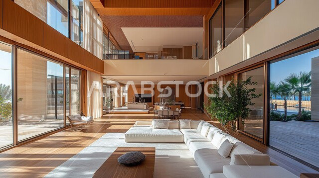 التصاميم الداخلية المزخرفة لغرف الجلوس على الطراز الحديث، أثاث منزلي  لغرفة معيشة، ديكور داخلي راقي, الفلل والشقق السكنية في المملكة العربية السعودية, واجهات زجاجية ضخمة