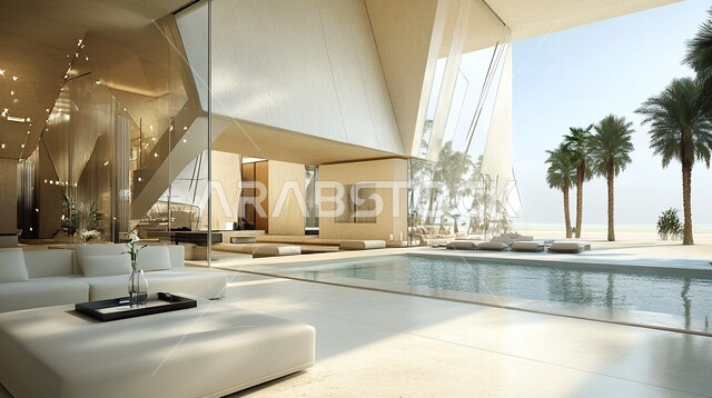 التصاميم الداخلية المزخرفة لغرف الجلوس على الطراز الحديث، أثاث منزلي  لغرفة معيشة، ديكور داخلي راقي متطور, الفلل والشقق السكنية في المملكة العربية السعودية, واجهات زجاجية ضخمة مطلة على الطبيعة