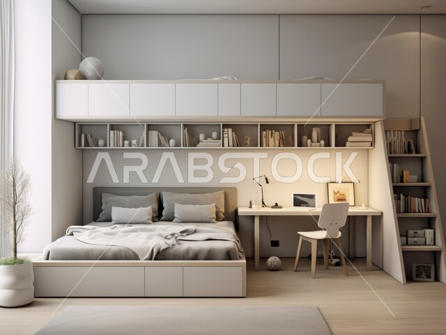 Modern white bedroom designs, distinctive residential apartments and villas, luxury hotels and resorts in Saudi Arabia, modern interior designs and decorations, rooms with elegant and upscale home furniture, shelves filled with books, stories and folders arranged