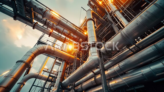 منظر من زاوية منخفضة للأنابيب الصناعية والهياكل المعدنية في المصنع،هندسات المصانع والمعامل في المملكة العربية السعودية، صناعات ومشاريع بيتروكيماوية، مستودعات ضخمة و كبيرة, خطوط الأنابيب والكابلات المعدات الفولاذية