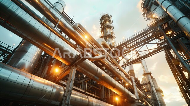 منظر من زاوية منخفضة للأنابيب الصناعية والهياكل المعدنية في المصنع،هندسات المصانع والمعامل في المملكة العربية السعودية، صناعات ومشاريع بيتروكيماوية، مستودعات ضخمة و كبيرة, خطوط الأنابيب والكابلات المعدات الفولاذية