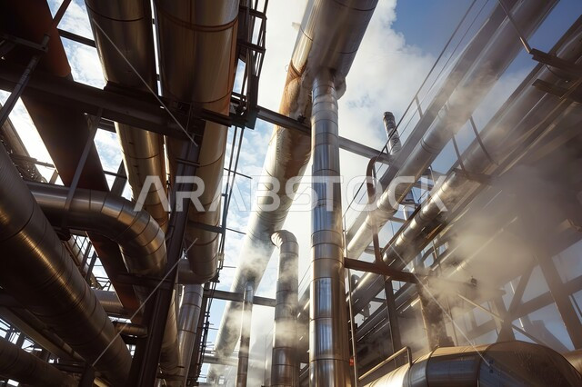 منظر من زاوية منخفضة للأنابيب الصناعية والهياكل المعدنية في المصنع،هندسات المصانع والمعامل في المملكة العربية السعودية، صناعات ومشاريع بيتروكيماوية، مستودعات ضخمة و كبيرة, خطوط الأنابيب والكابلات المعدات الفولاذية