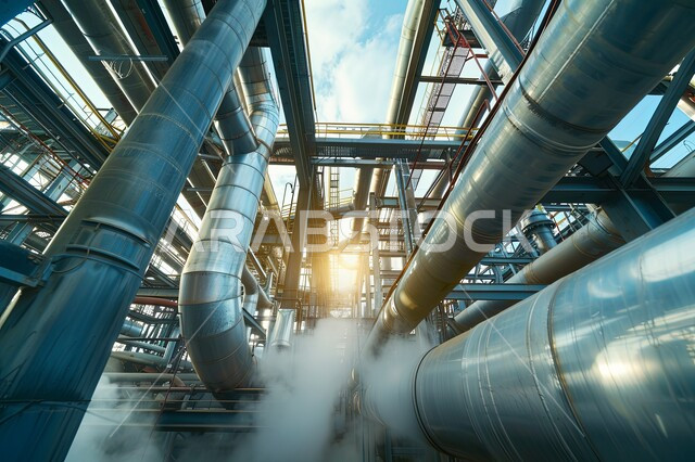 منظر من زاوية منخفضة للأنابيب الصناعية والهياكل المعدنية في المصنع،هندسات المصانع والمعامل في المملكة العربية السعودية، صناعات ومشاريع بيتروكيماوية، مستودعات ضخمة و كبيرة, خطوط الأنابيب والكابلات المعدات الفولاذية
