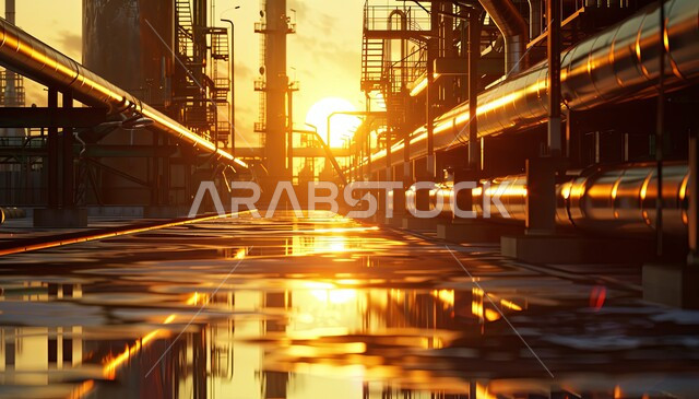 مسار ضيق بين الأنابيب الصناعية مضاء بالبيئة، هندسات المصانع والمعامل في المملكة العربية السعودية، صناعات ومشاريع بيتروكيماوية، مستودعات ضخمة و كبيرة, خطوط الأنابيب والكابلات المعدات الفولاذية