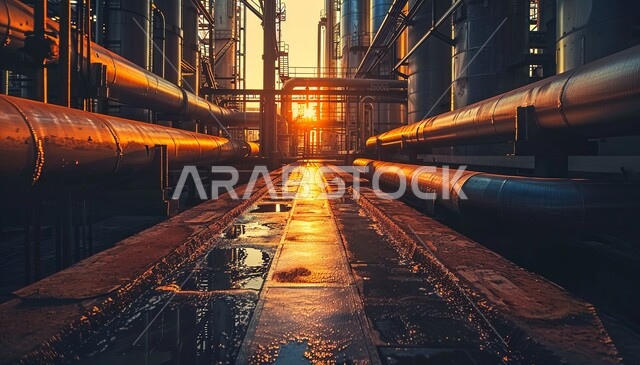 مسار ضيق بين الأنابيب الصناعية مضاء بالبيئة، هندسات المصانع والمعامل في المملكة العربية السعودية، صناعات ومشاريع بيتروكيماوية، مستودعات ضخمة و كبيرة, خطوط الأنابيب والكابلات المعدات الفولاذية