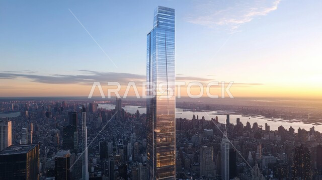 Concept of infrastructure development and improvement, architectural engineering art of towers and skyscrapers, Saudi Vision 2030, foggy atmosphere at sunset, imaginary future view of urban progress and growth of commercial facilities and buildings