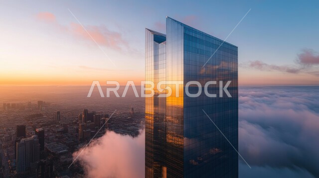 Concept of infrastructure development and improvement, architectural engineering art of towers and skyscrapers, Saudi Vision 2030, foggy atmosphere at sunset, imaginary future view of urban progress and growth of commercial facilities and buildings