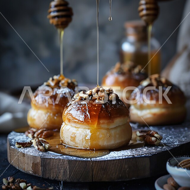 حلويات  ووصفات لذيذة، صورة مقربة لمعجنات مع الجوز وصلصة العسل، طبق من الحلوى التقليدية المزينة بالمكسرات، فن اعداد وتقديم الأطباق، المأكولات والحلا الشعبية، فنون تقديم الطعام في مطابخ المملكة العربية السعودية