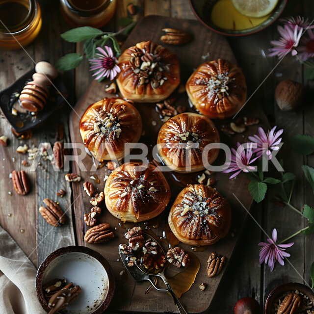 حلويات  ووصفات لذيذة، صورة مقربة لمعجنات مع الجوز وصلصة العسل، طبق من الحلوى التقليدية المزينة بالمكسرات، فن اعداد وتقديم الأطباق، المأكولات والحلا الشعبية، فنون تقديم الطعام في مطابخ المملكة العربية السعودية