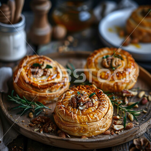 حلويات  ووصفات لذيذة، صورة مقربة لمعجنات مع الجوز وصلصة العسل، طبق من الحلوى التقليدية المزينة بالمكسرات، فن اعداد وتقديم الأطباق، المأكولات والحلا الشعبية، فنون تقديم الطعام في مطابخ المملكة العربية السعودية