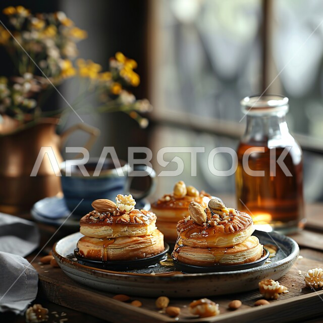 حلويات  ووصفات لذيذة، صورة مقربة لمعجنات مع الجوز وصلصة العسل، طبق من الحلوى التقليدية المزينة بالمكسرات، فن اعداد وتقديم الأطباق، المأكولات والحلا الشعبية، فنون تقديم الطعام في مطابخ المملكة العربية السعودية