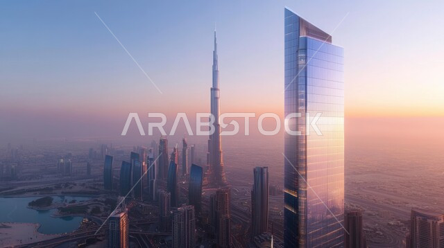 مفهوم تطوير وتحسين البنية التحتية، الفن الهندسي المعماري للأبراج وناطحات السحاب، رؤية مستقبلية سعودية 2030، الأجواء الضبابية وقت غروب الشمس، منظر تخيلي مستقبلي للتقدم و النمو العمراني للمنشآت والمباني التجارية