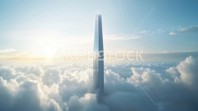 مفهوم تطوير وتحسين البنية التحتية، الفن الهندسي المعماري للأبراج وناطحات السحاب، رؤية مستقبلية سعودية 2030، الأجواء الضبابية وقت غروب الشمس، منظر تخيلي مستقبلي للتقدم و النمو العمراني للمنشآت والمباني التجارية