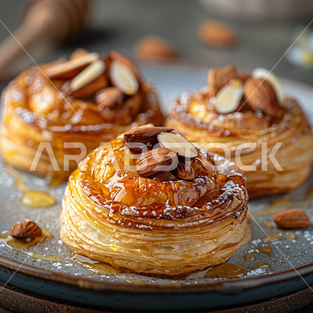 طبق من الحلوى التقليدية المزينة بالمكسرات، حلويات  ووصفات لذيذة، صورة مقربة لمعجنات مع اللوز و العسل، فن اعداد وتقديم الأطباق، المأكولات والحلا الشعبية، فنون تقديم الطعام في مطابخ المملكة العربية السعودية