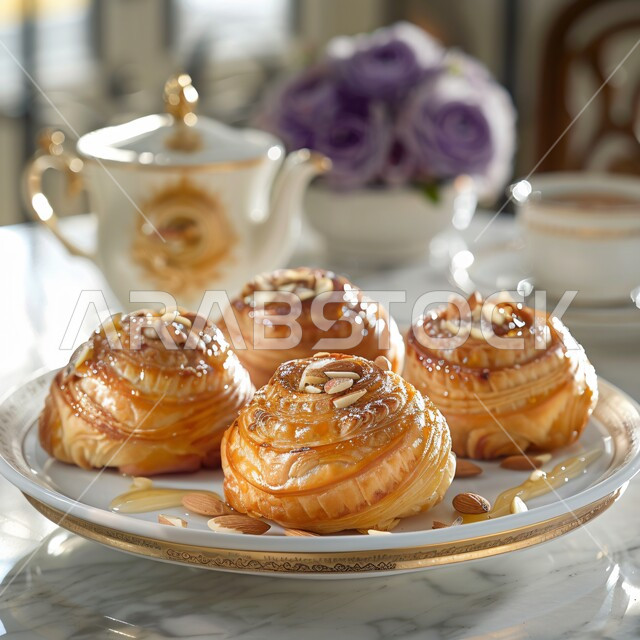 طبق من الحلوى التقليدية المزينة بالمكسرات، حلويات  ووصفات لذيذة، صورة مقربة لمعجنات مع اللوز و العسل، فن اعداد وتقديم الأطباق، المأكولات والحلا الشعبية، فنون تقديم الطعام في مطابخ المملكة العربية السعودية