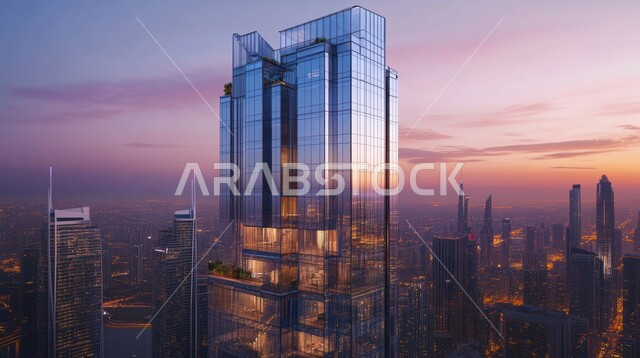  منظر تخيلي مستقبلي للتقدم و النمو العمراني للمنشآت والمباني التجارية ، مفهوم تطوير وتحسين البنية التحتية، الفن الهندسي المعماري للأبراج وناطحات السحاب، رؤية مستقبلية سعودية 2030، الأجواء الضبابية وقت غروب الشمس