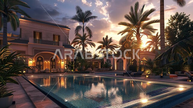 تصميمات عصرية على الطراز الحديث، تصاميم داخلية متميزة للفلل والفنادق في المملكة العربية السعودية, الاهتمام بزراعة أشجار النخيل، مسبح داخل منتجع فاخر, أماكن مريحة للاستلقاء بجانب حمام السباحة