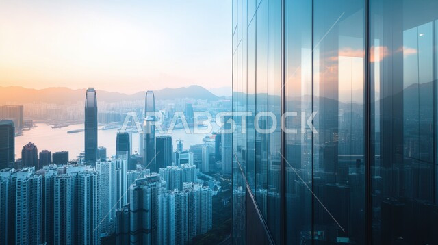  منظر تخيلي مستقبلي للتقدم و النمو العمراني للمنشآت والمباني التجارية ، مفهوم تطوير وتحسين البنية التحتية، الفن الهندسي المعماري للأبراج وناطحات السحاب، رؤية مستقبلية سعودية 2030، الأجواء الضبابية اثناء النهار  