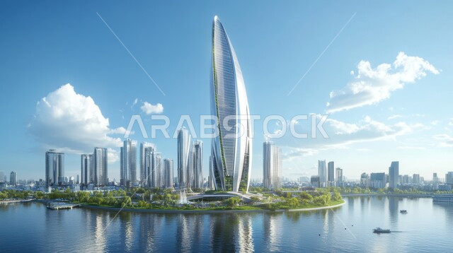  منظر تخيلي مستقبلي للتقدم و النمو العمراني للمنشآت والمباني التجارية ، مفهوم تطوير وتحسين البنية التحتية، الفن الهندسي المعماري للأبراج وناطحات السحاب، رؤية مستقبلية سعودية 2030، الأجواء الضبابية اثناء النهار  