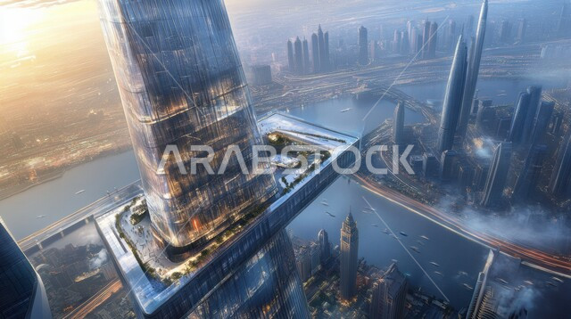  منظر تخيلي مستقبلي للتقدم و النمو العمراني للمنشآت والمباني التجارية ، مفهوم تطوير وتحسين البنية التحتية، الفن الهندسي المعماري للأبراج وناطحات السحاب، رؤية مستقبلية سعودية 2030، الأجواء الضبابية وقت غروب الشمس ، من الذكاء الصناعي 