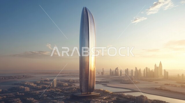 Future imaginary view of urban progress and growth of commercial facilities and buildings, concept of infrastructure development and improvement, architectural art of towers and skyscrapers, Saudi Vision 2030, foggy atmosphere at sunset, from artificial intelligence