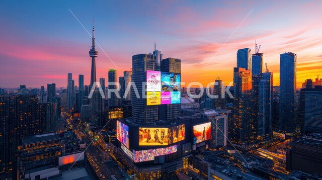  منظر تخيلي مستقبلي للتقدم و النمو العمراني للمنشآت والمباني التجارية ، مفهوم تطوير وتحسين البنية التحتية، الفن الهندسي المعماري للأبراج وناطحات السحاب، رؤية مستقبلية سعودية 2030، الأجواء الضبابية وقت غروب الشمس ، من الذكاء الصناعي 