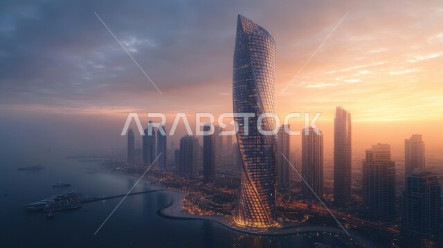  منظر تخيلي مستقبلي للتقدم و النمو العمراني للمنشآت والمباني التجارية ، مفهوم تطوير وتحسين البنية التحتية، الفن الهندسي المعماري للأبراج وناطحات السحاب، رؤية مستقبلية سعودية 2030، الأجواء الضبابية وقت غروب الشمس ، من الذكاء الصناعي 