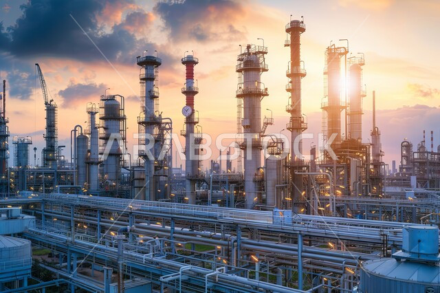 مستودعات ضخمة و كبيرة، صناعات ومشاريع بيتروكيميائية، خطوط الأنابيب والكابلات الفولاذية، مصفاة نفط كبيرة مزوّدة بآلات معقدة في منظر صحراوي شاسع وجبال بعيدة، مصانع ومعامل في المملكة العربية السعودية، مصنع تكرير النفط والغاز في المنطقة الصناعية