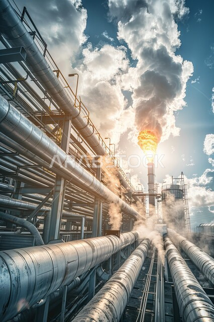 مستودعات ضخمة و كبيرة، صناعات ومشاريع بيتروكيميائية، خطوط الأنابيب والكابلات الفولاذية، مصفاة نفط كبيرة مزوّدة بآلات معقدة في منظر صحراوي شاسع وجبال بعيدة، مصانع ومعامل في المملكة العربية السعودية، مصنع تكرير النفط والغاز في المنطقة الصناعية