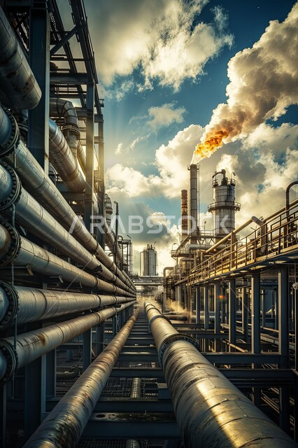 مستودعات ضخمة و كبيرة، صناعات ومشاريع بيتروكيميائية، خطوط الأنابيب والكابلات الفولاذية، مصفاة نفط كبيرة مزوّدة بآلات معقدة في منظر صحراوي شاسع وجبال بعيدة، مصانع ومعامل في المملكة العربية السعودية، مصنع تكرير النفط والغاز في المنطقة الصناعية