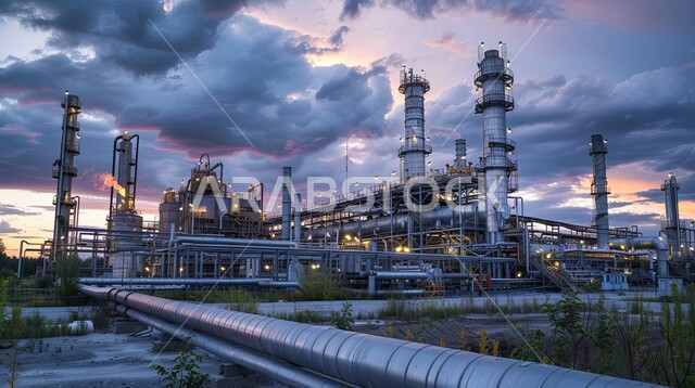 مستودعات ضخمة و كبيرة، صناعات ومشاريع بيتروكيميائية، خطوط الأنابيب والكابلات الفولاذية، مصفاة نفط كبيرة مزوّدة بآلات معقدة في منظر صحراوي شاسع وجبال بعيدة، مصانع ومعامل في المملكة العربية السعودية، مصنع تكرير النفط والغاز في المنطقة الصناعية