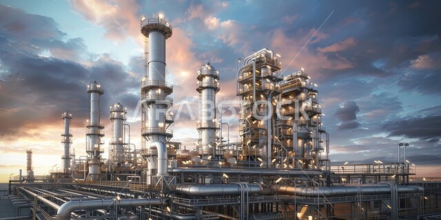 مستودعات ضخمة و كبيرة، صناعات ومشاريع بيتروكيميائية، خطوط الأنابيب والكابلات الفولاذية، مصفاة نفط كبيرة مزوّدة بآلات معقدة في منظر صحراوي شاسع وجبال بعيدة، مصانع ومعامل في المملكة العربية السعودية، مصنع تكرير النفط والغاز في المنطقة الصناعية