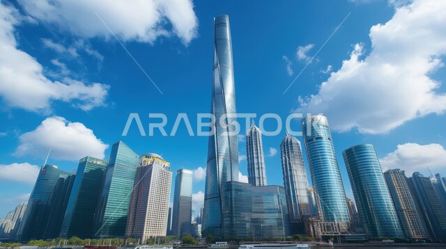 التصاميم والفنون المعمارية الحديثة للأبراج وناطحات السحاب في الامارات العربية المتحدة، بناء مستقبل حضاري متطور في دبي، صورة بانوراما للمباني والمنشآت التجارية الشاهقة، منظر تخيلي للتقدم والنمو العمراني، مفهوم تطوير وتحسين البنية التحتية