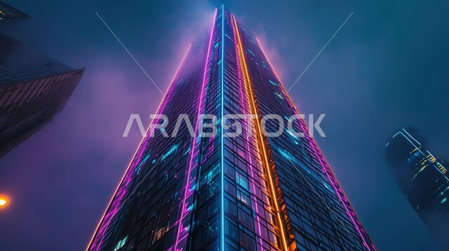 ,المنشآت التجارية الفاخرة في وقت النهار, النمو و التقدم العمراني, الفن الهندسي المعماري على الطراز الحديث للأبراج وناطحات السحاب في المملكة العربية السعودية ، صورة مقربة من الاسفل لبرج حديث في مدينة الرياض 