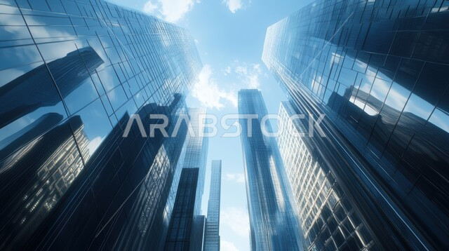 الفن الهندسي المعماري على الطراز الحديث للأبراج وناطحات السحاب في المملكة العربية السعودية ، المنشآت التجارية الفاخرة في وقت النهار , النمو و التقدم العمراني , صورة مقربة من الاسفل لبرج حديث في مدينة الرياض 
