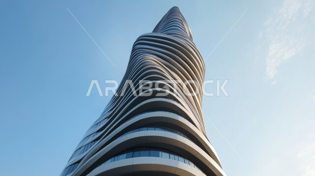 Modern architectural style of towers and skyscrapers in Saudi Arabia, luxury commercial facilities during daytime, urban growth and progress, close-up from below of a modern tower in Riyadh