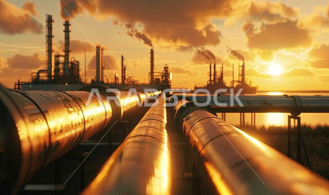 مسار ضيق بين الأنابيب الصناعية مضاء بالبيئة،مصانع ومعامل النفط في المملكة العربية السعودية، النهضة بالاقتصاد الوطني السعودي،  تكرير النفط والغاز, مفهوم هندسة البترول في دول الخليج, مستودعات وخزانات كبيرة وضخمة, صناعات ومشاريع بتروكيماوية