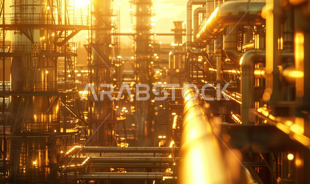 مسار ضيق بين الأنابيب الصناعية مضاء بالبيئة،مصانع ومعامل النفط في المملكة العربية السعودية، النهضة بالاقتصاد الوطني السعودي،  تكرير النفط والغاز, مفهوم هندسة البترول في دول الخليج, مستودعات وخزانات كبيرة وضخمة, صناعات ومشاريع بتروكيماوية