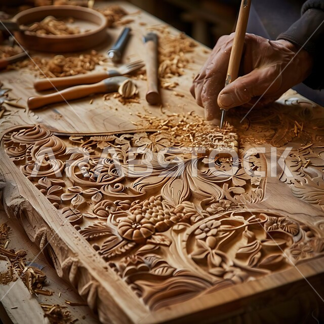حرف ومهن شعبية تراثية، معارض للمواهب والفنون، منحوتات وزخارف وأعمال فنية يدوية، الصناعات التشكيلية اليدوية، صورة مقربة ليد نحات عربي خليجي سعودي يقوم بالنحت والرسم على الخشب