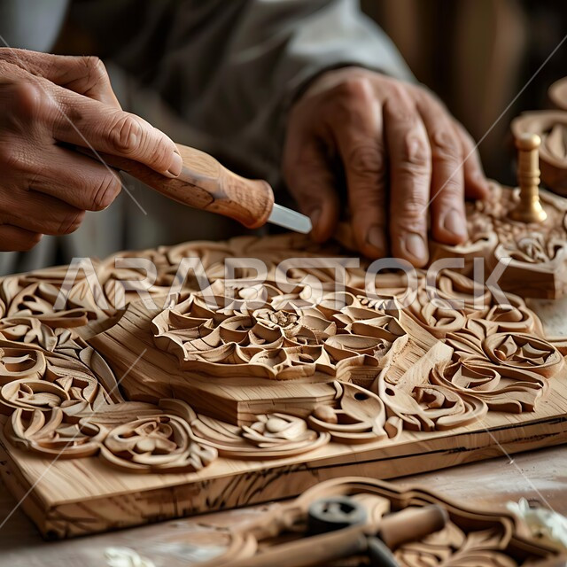 حرف ومهن شعبية تراثية، معارض للمواهب والفنون، منحوتات وزخارف وأعمال فنية يدوية، الصناعات التشكيلية اليدوية، صورة مقربة ليد نحات عربي خليجي سعودي يقوم بالنحت والرسم على الخشب