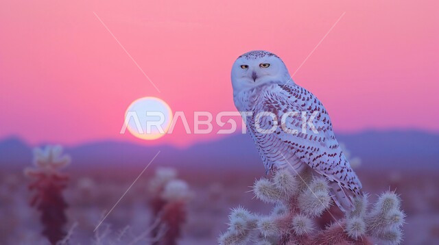 ترويض الحيوانات البرية في المملكة السعودية, صورة مقربة لطائر البومة النسارية تقف على نبات الصبار الصبار تنظر إلى الكاميرا بنظرات حادة, صيد الطيور الجارحة في البلدان العربية, إنشاء المحميات الطبيعية والمزارع للحفاظ على الثروة الحيوانية 