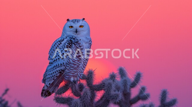 ترويض الحيوانات البرية في المملكة السعودية, صورة مقربة لطائر البومة النسارية تقف على نبات الصبار الصبار تنظر إلى الكاميرا بنظرات حادة, صيد الطيور الجارحة في البلدان العربية, إنشاء المحميات الطبيعية والمزارع للحفاظ على الثروة الحيوانية 