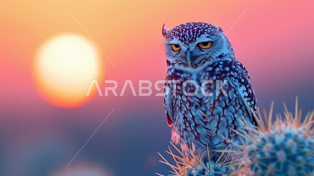 ترويض الحيوانات البرية في المملكة السعودية, صورة مقربة لطائر البومة النسارية تقف على نبات الصبار الصبار تنظر إلى الكاميرا بنظرات حادة, صيد الطيور الجارحة في البلدان العربية, إنشاء المحميات الطبيعية والمزارع للحفاظ على الثروة الحيوانية 