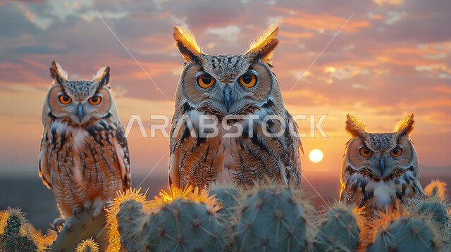 Taming wild animals in Saudi Arabia, Close-up of an eagle owl standing on a cactus plant looking at the camera with sharp eyes, Hunting birds of prey in Arab countries, Establishing nature reserves and farms to preserve livestock